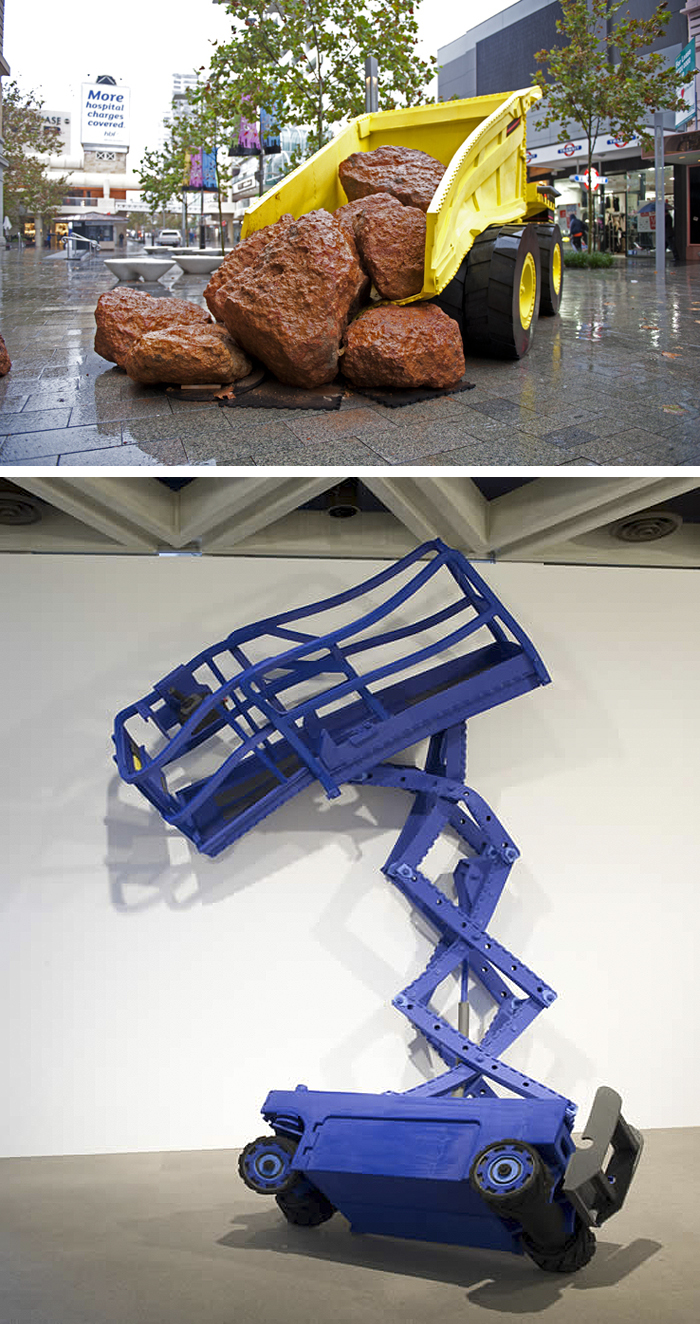 Contemporary Australian Art, Soft Sculptures of construction trucks, cherry picker, dump truck, tractors by paul Caporn