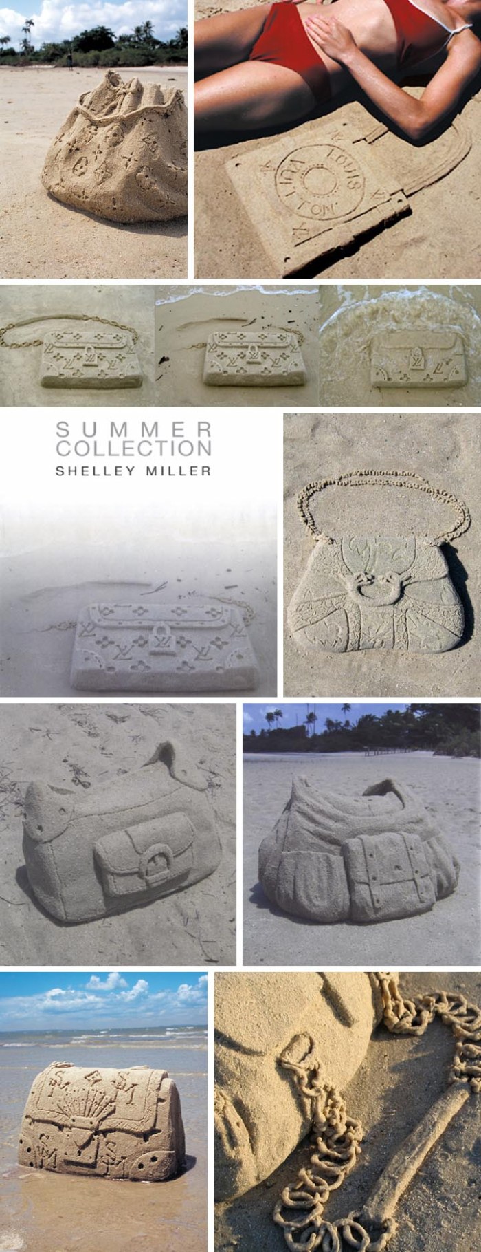 Handbags, purses, pocketbooks made out of sand on the beach by Shelley Miller, summer collection
