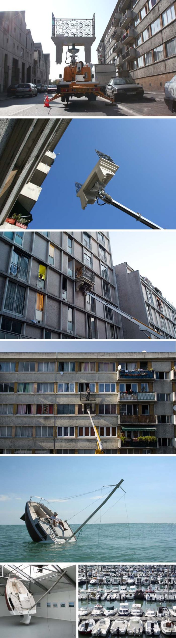 Humorous contemporary French sculpture and installation art. Balcony that attaches to all facades with boom. Street art. Julien Berthier. Fun.