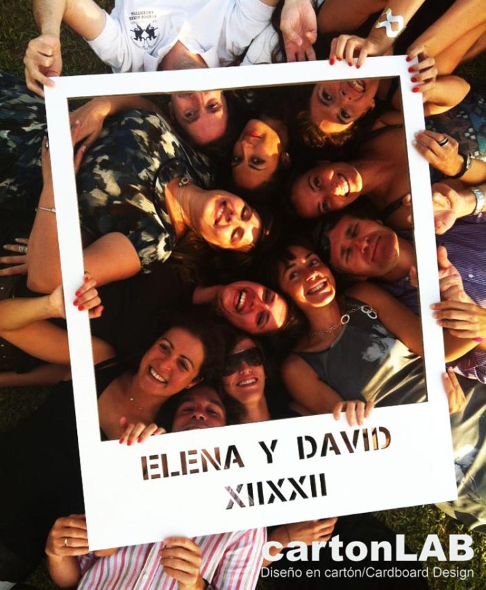 Typographic cardboard polaroid photo frames for fun wedding and birthday party photo shoots, cartonLab, cardboard stands with type