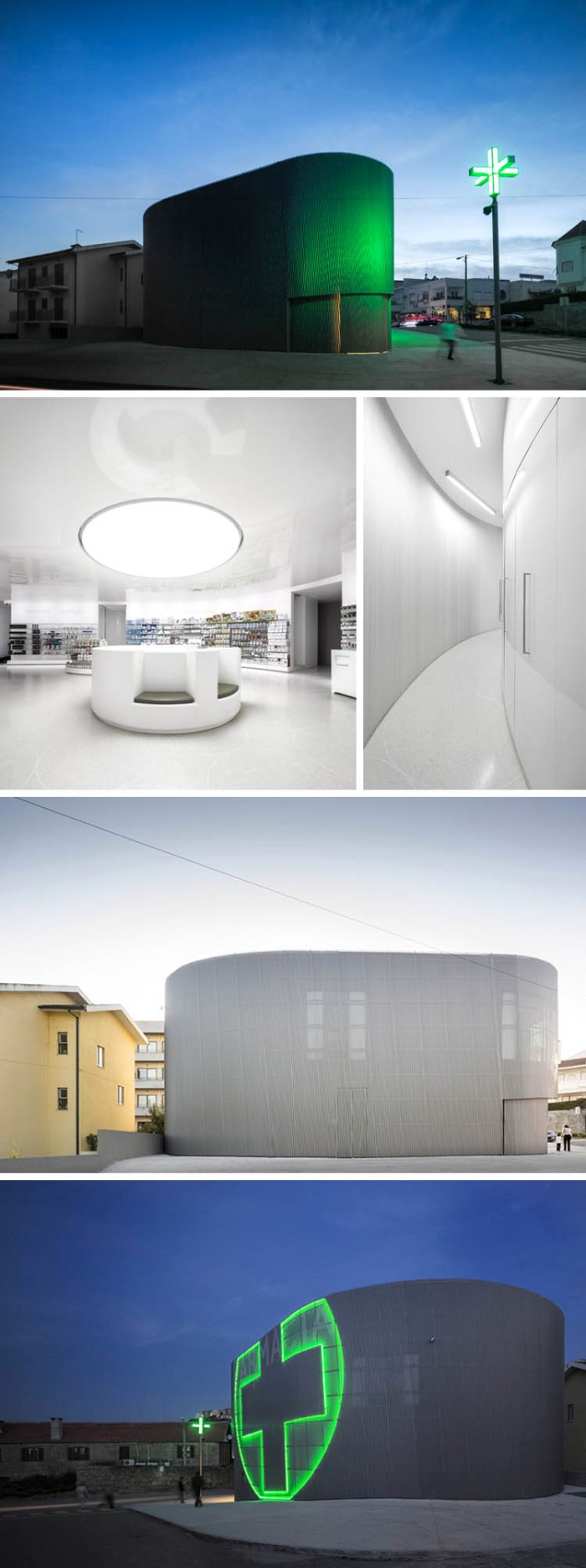 Very cool pharmacy in Portugal with neon sign incorporated into facade, farmacia lordelo in Vila Real, Portugal by Jose Carlos Cruz, Arquitecto