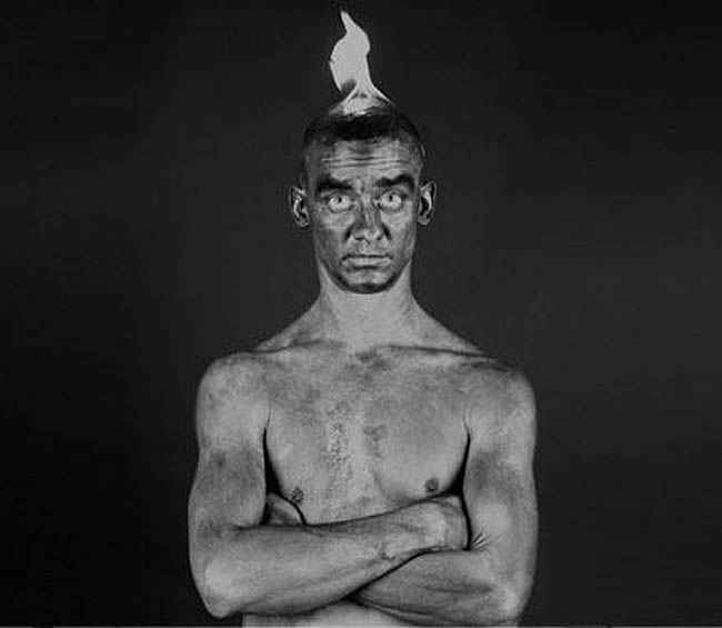 Fred Cray Photographer, set on fire self-portrait, black and white self portraits