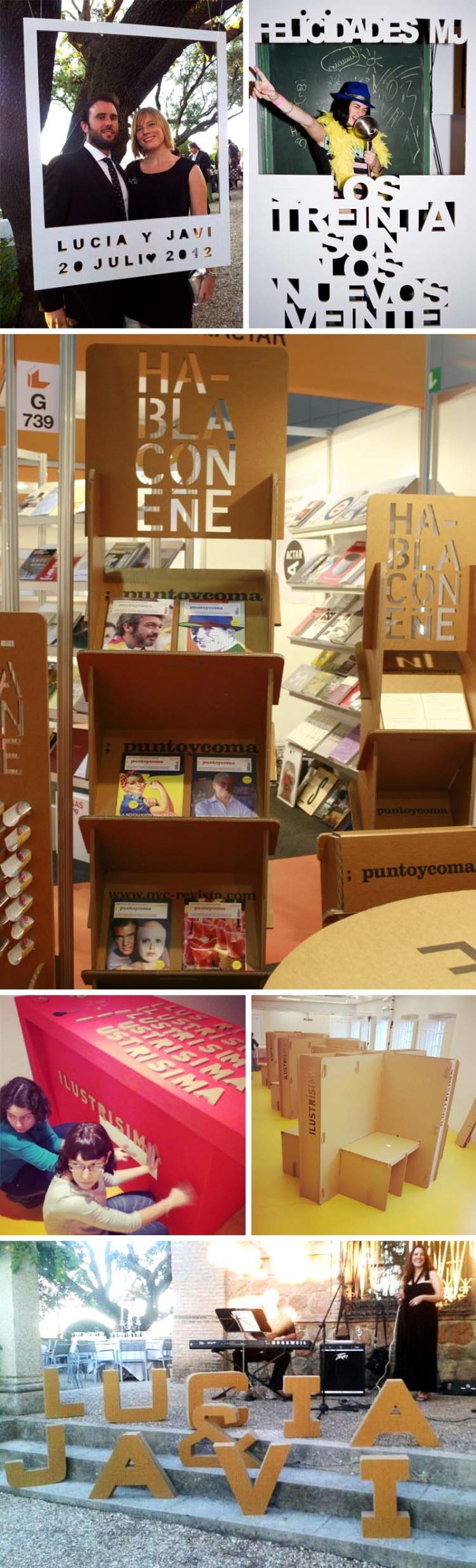 Typographic cardboard polaroid photo frames for fun wedding and birthday party photo shoots, cartonLab, cardboard stands with type