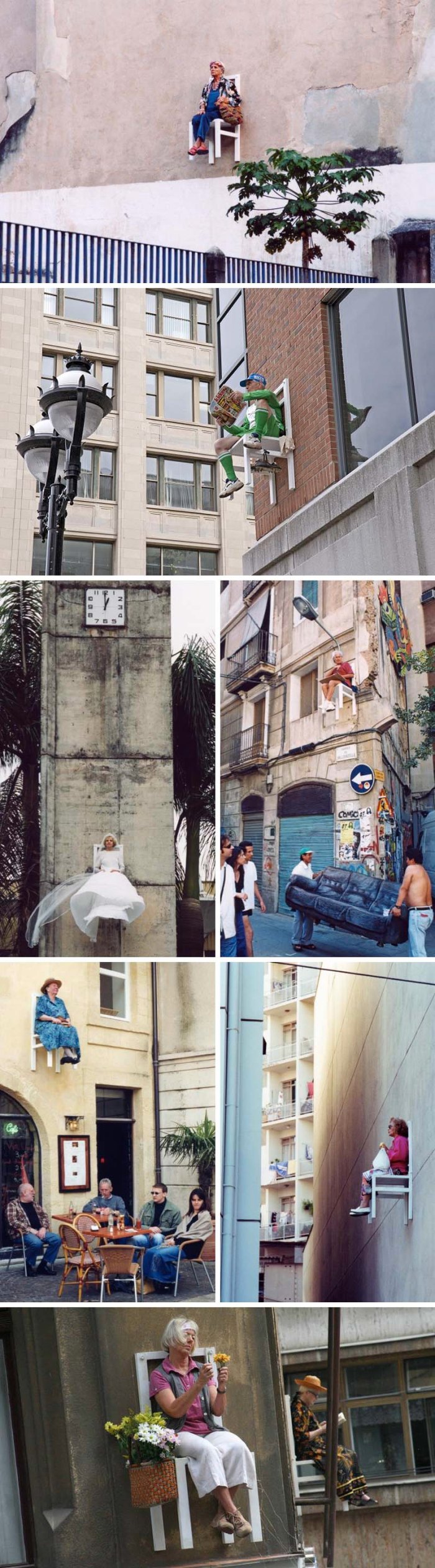 performance art, seniors sitting in chairs hanging from building facades, reading, knitting, sitting. x times people chair, angiel hiesl and roland kaiser