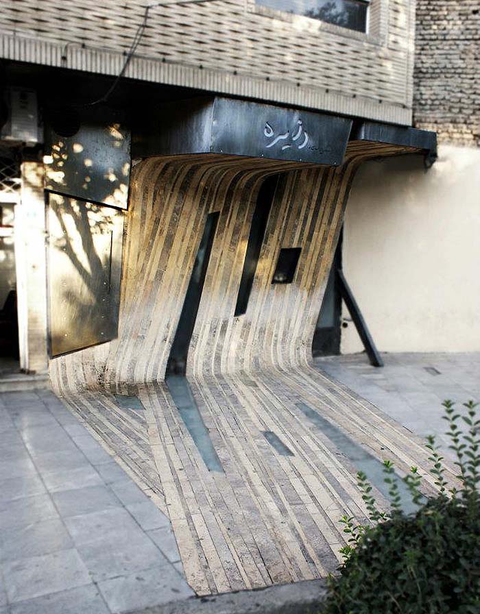 Unique bent wood facade in Iran, Dayereh Snack Bar, Circle Snack bar by Farshad Mehdizadeh, cool facade design