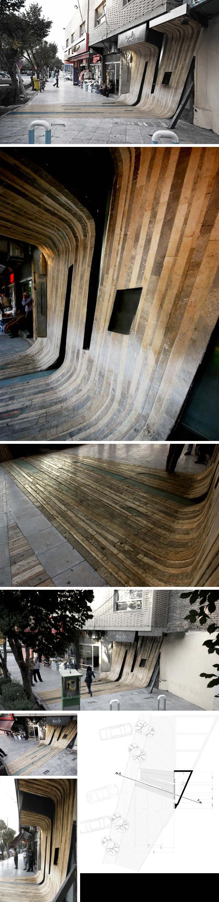 Unique bent wood facade in Iran, Dayereh Snack Bar, Circle Snack bar by Farshad Mehdizadeh, cool facade design