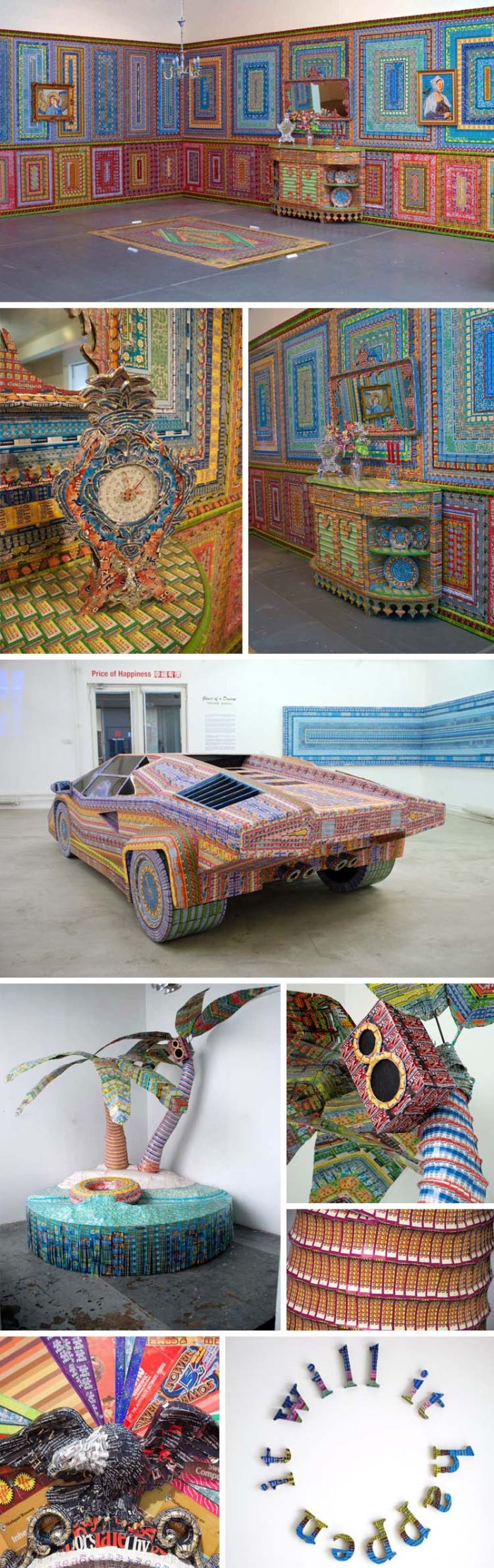 ghost of a dream, collages made of lottery tickets and romanc novel covers, cool art, art installations