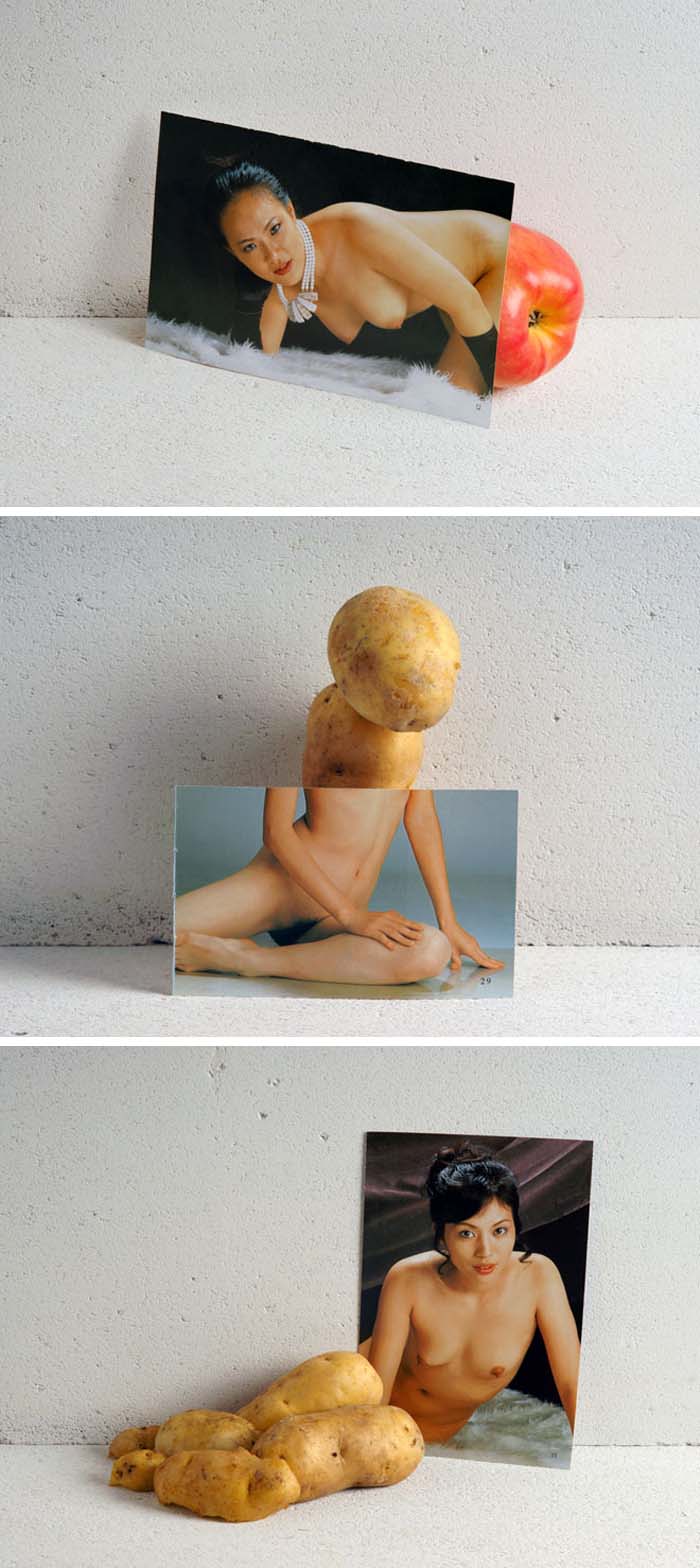Contemporary photographs by Heidi Voet of nude women's torsos completed by vegetables, humorous photography, Contemporary Asian Art
