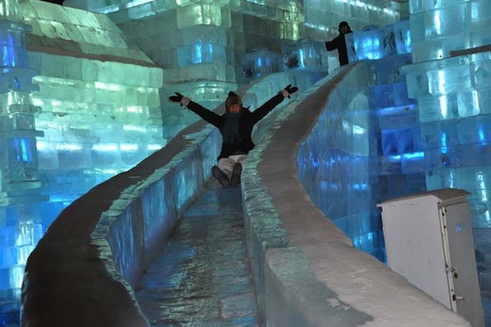 Harbin Ice Festival 2013 in China, Ice slides lit with LED's, Ice Castles with slides, cool and fun