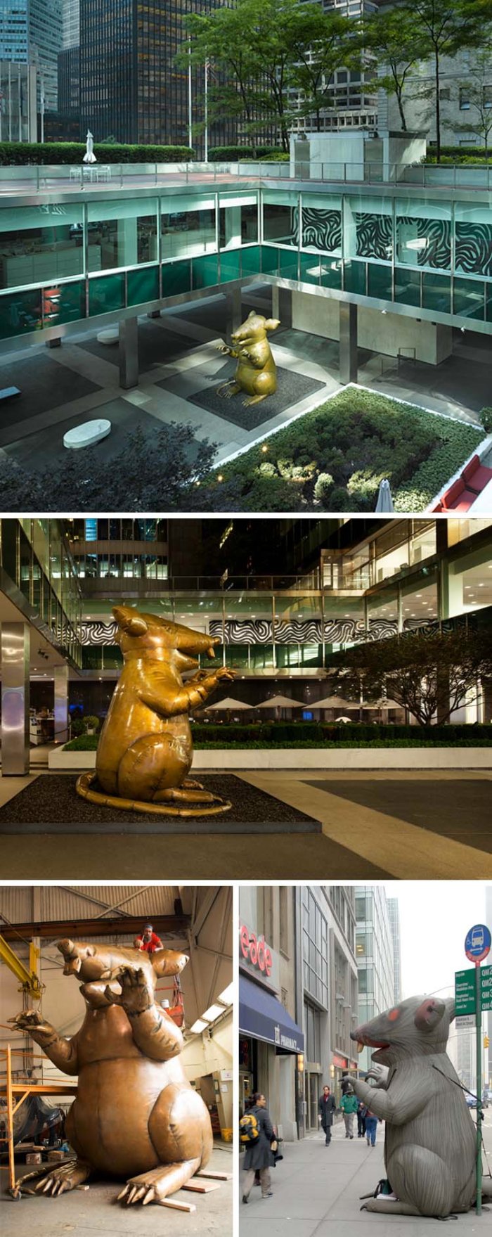 The New Colossus, Bronze statue of an inflatable Union Strike Rat at the Lever House, by Bruce High Quality Foundation