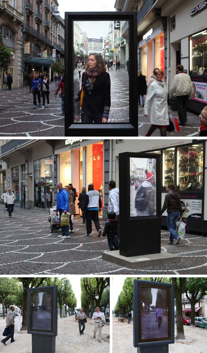 Video street installation in France by artist Thierry Fournier titled A+. Video of same street 24 hours earlier tricking viewers