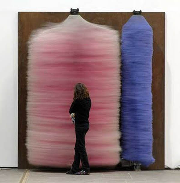 Lara Favaretto, Italian conceptual artist, car wash brush installations, confetti-blowing fans, oxygen tanks that blow party favors