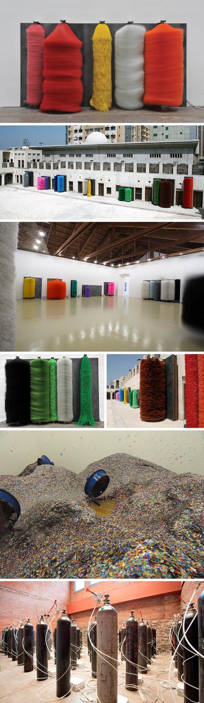 Lara Favaretto, Italian conceptual artist, car wash brush installations, confetti-blowing fans, oxygen tanks that blow party favors