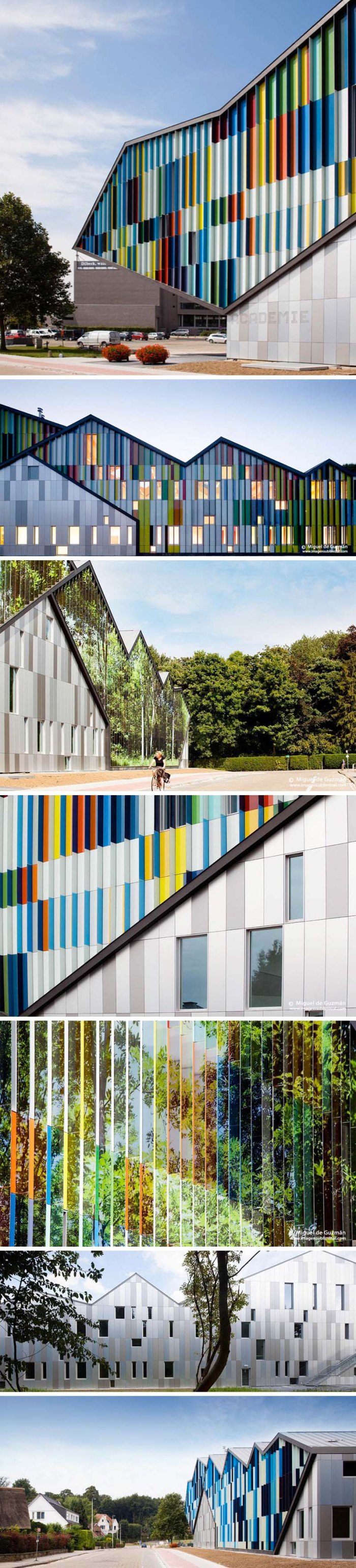 Academie MWD Dilbeek, Belgium, Music, Dance, & Theater Academy designed by Carlos Arroyo. Cool optical illusion facade.