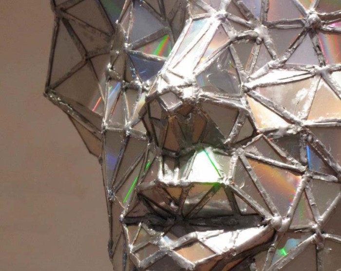 Sculpture made with upcycled cds, Jim Hake, The Crystals, doo-wop singer sculpture made with welded cds, cool art