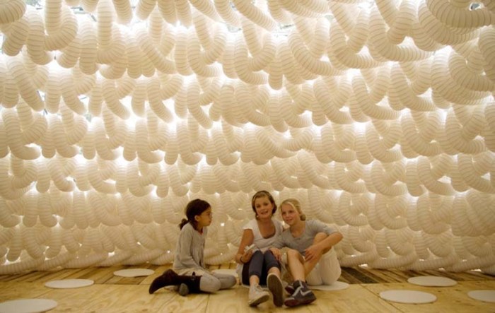 Wedding Chapel Villa Escamp by Dus Architects, 2kms ventilation tubes crocheted together to create a dome in the Netherlands