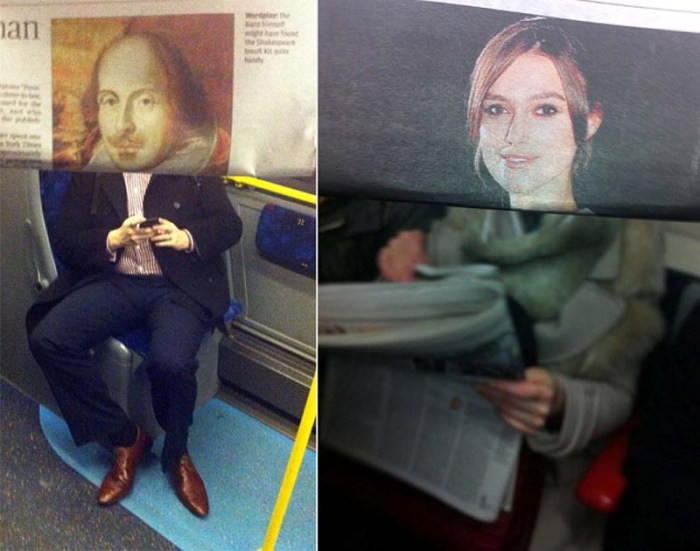 commuter photobombs other commuters with newspaper images, goofy photos, fun photos, humor, celebrities