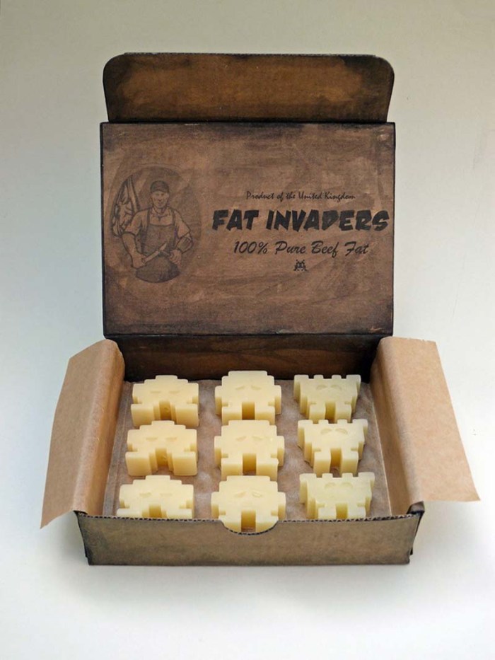 Linda Hubbard, Fat Invaders, Contemporary Sculpture, Lowbrow Propaganda, Invaders made from beef fat. Humorous yet political art