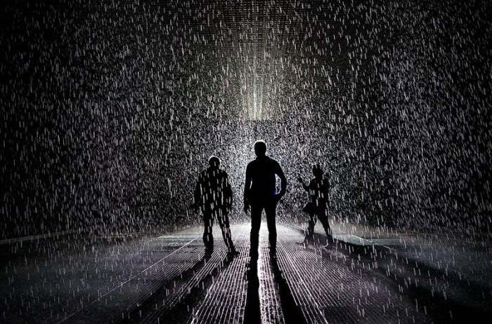 rain room at MoMA, X1, immersive installation of rain that doesn't get you wet, cool art, 