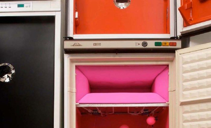 Art Installation Cold War at Venice Architecture Biennale by Topotek 1, landscape architects. Interactive installation with refrigerators and art installations inside each one, cool art, fun installation