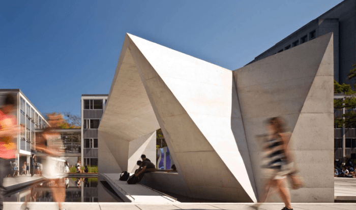 UBC Buchanan Courtyard Renewal by Public Design in Vancouver, British Columbia. Cool seating and plaza area, with type circles in fountain emulating logo.