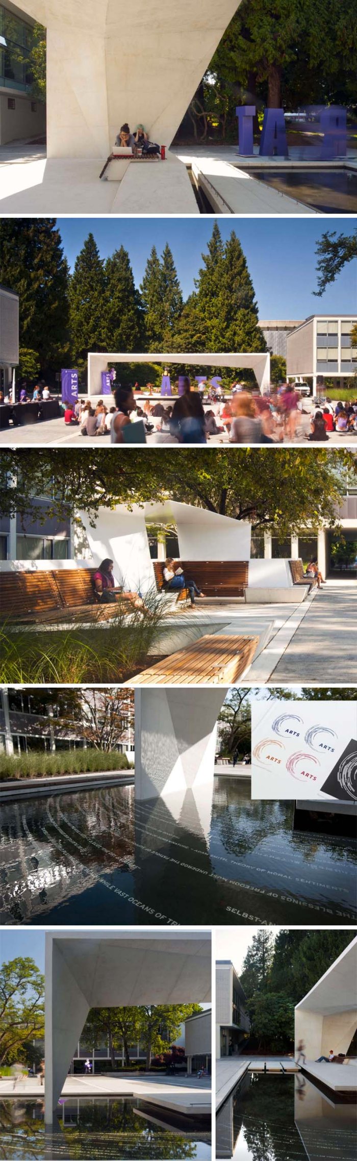 UBC Buchanan Courtyard Renewal by Public Design in Vancouver, British Columbia. Cool seating and plaza area, with type circles in fountain emulating logo.