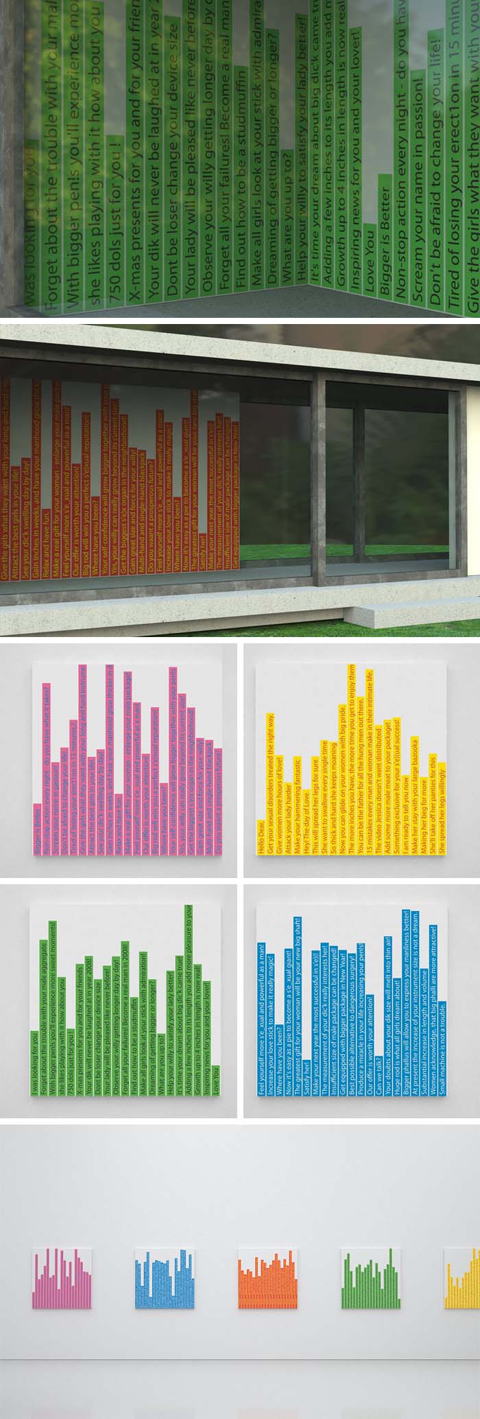 SpamSpace by Paulius Nosokas, extracted lines of spam converted to graph-like images and installations.