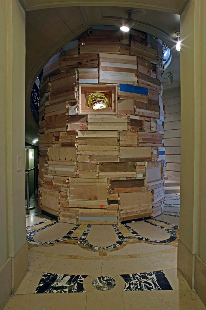 Phoebe Washburn, National Academy, Sculpture in the Rotunda, Cool installation, Nudes Housed Within Their Own Clothes and Aware of Their Individual-Thirst Descending  a Staircase