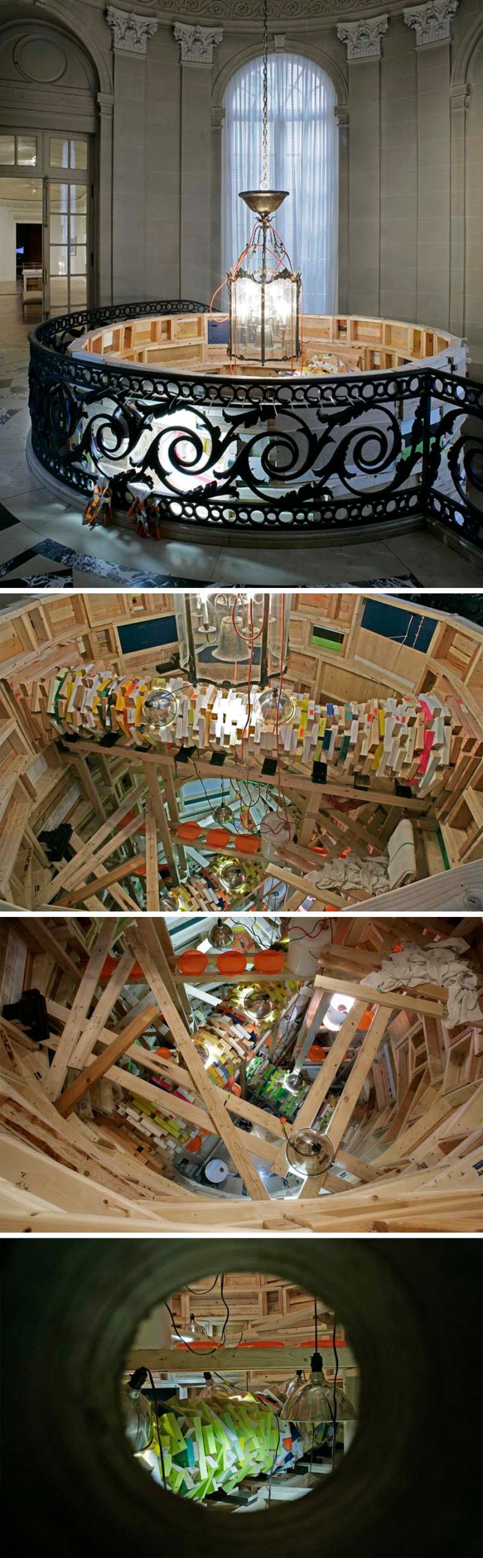 Phoebe Washburn, National Academy, Sculpture in the Rotunda, Cool installation, Nudes Housed Within Their Own Clothes and Aware of Their Individual-Thirst Descending  a Staircase