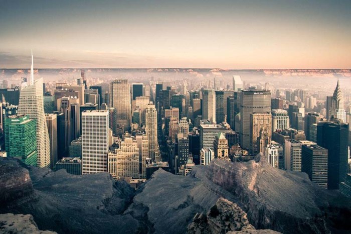 Gus Petro, contemporary photography, imagining NYC in Grand Canyon, Empty, Dense combined.