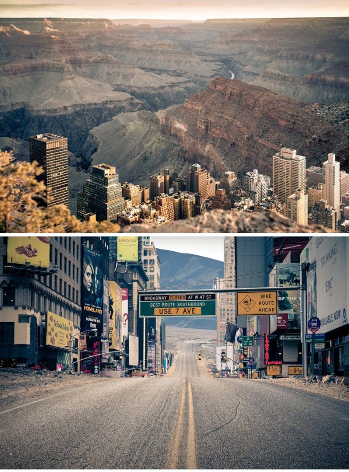 Gus Petro, contemporary photography, imagining NYC in Grand Canyon, Empty, Dense combined.