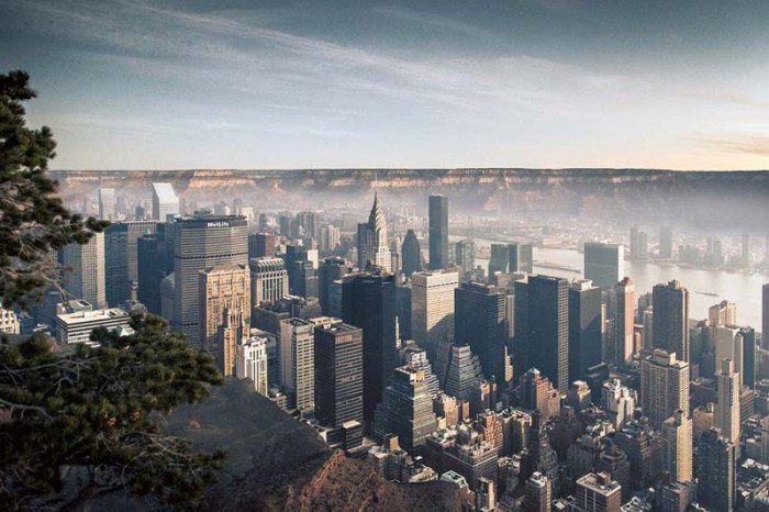 Gus Petro, contemporary photography, imagining NYC in Grand Canyon, Empty, Dense combined.