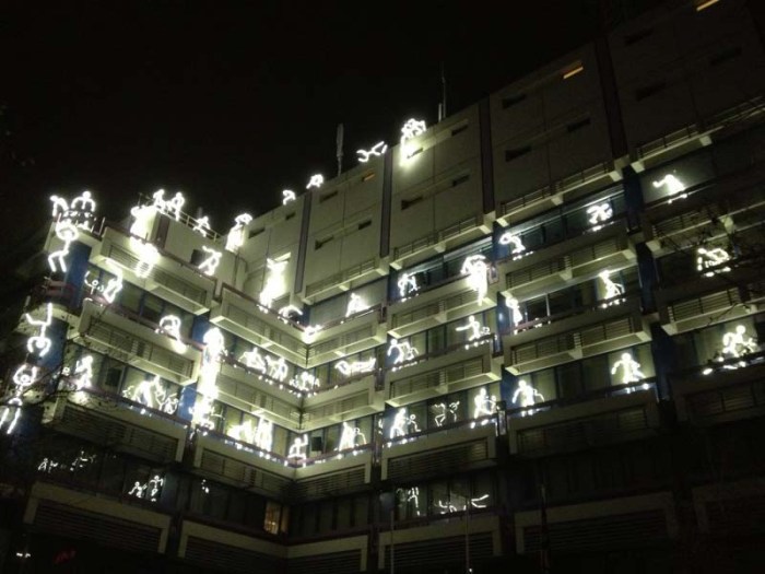 Key Frames, Groupe LAPS light stick figures on balconies in Eindhoven for GLOW 2012 festival