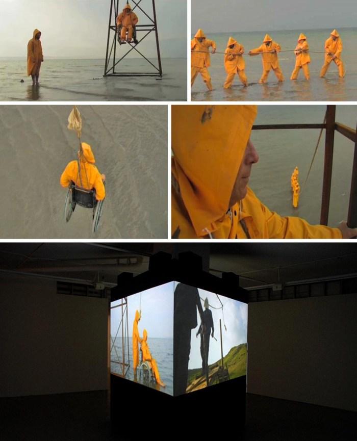 Oded Hirsch, 50 Blue, Video and Stills, wheelchair lifted by pulley to see view, contemporary Israeli art