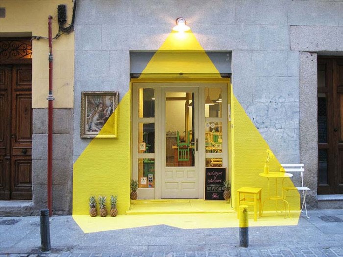 Fos, Somos Fos, Rayen Restaurant Madrid, facade painted to look like light, fun installation/art