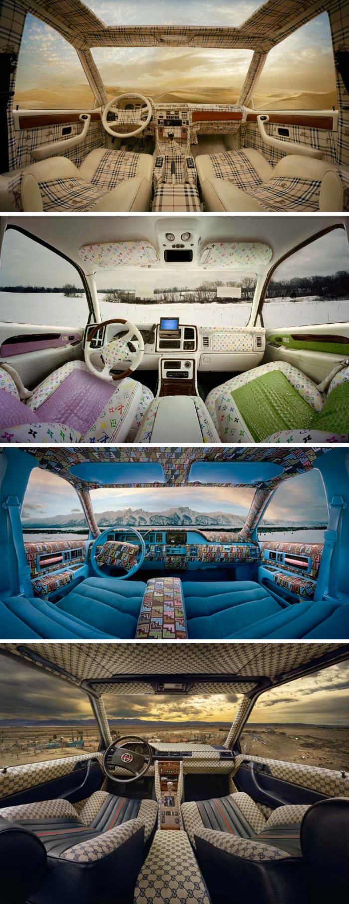 Luis Gispert, Photographs of car interiors decked out in haute coutour logo-clad decor, cool contemporary photography