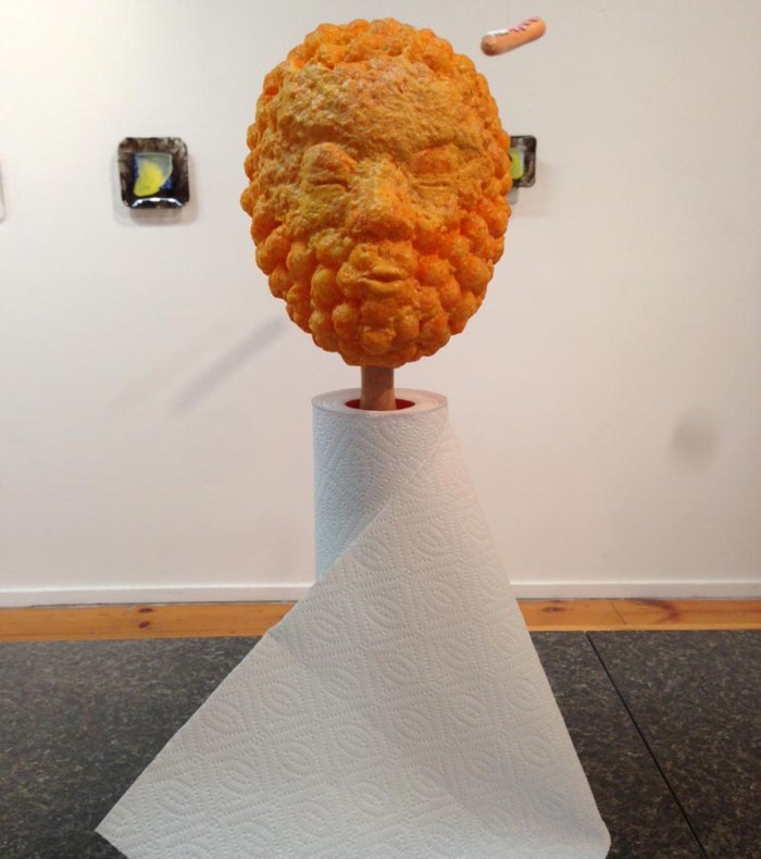 Rune Olsen, Will to Power exhibit at La Mama Gallery, NYC. Cheese-Ball Head Paper Towel Holder, Humorous Sculpture