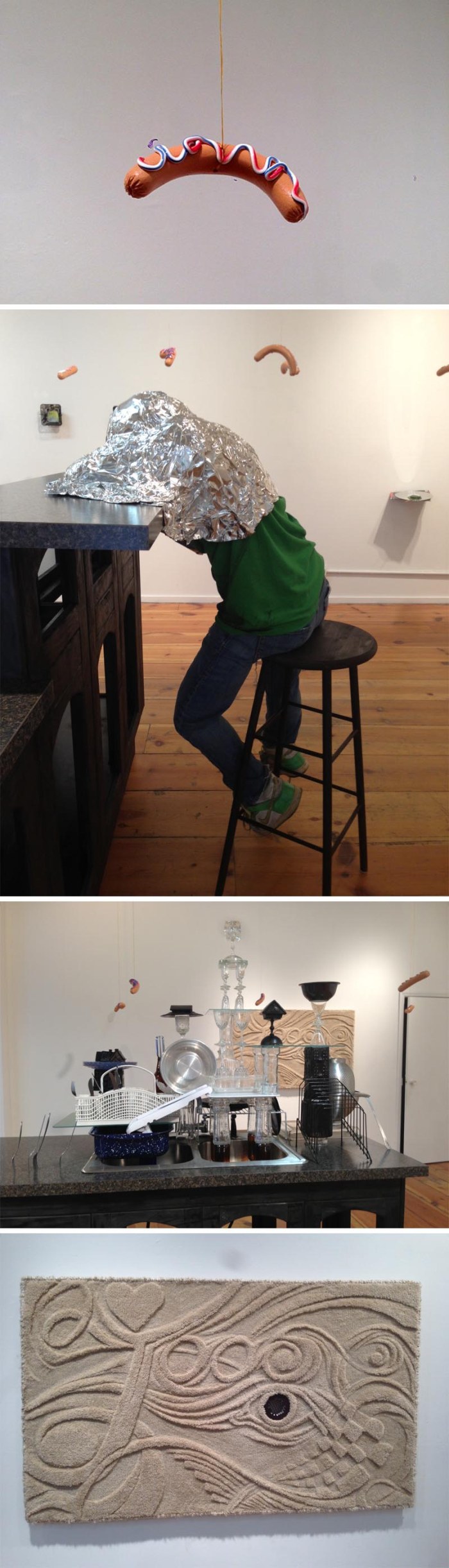 Rune Olsen, Will to Power exhibit at La Mama Gallery, NYC. Endless Column, Tower of styrofoam takeout containers, Humorous Sculpture