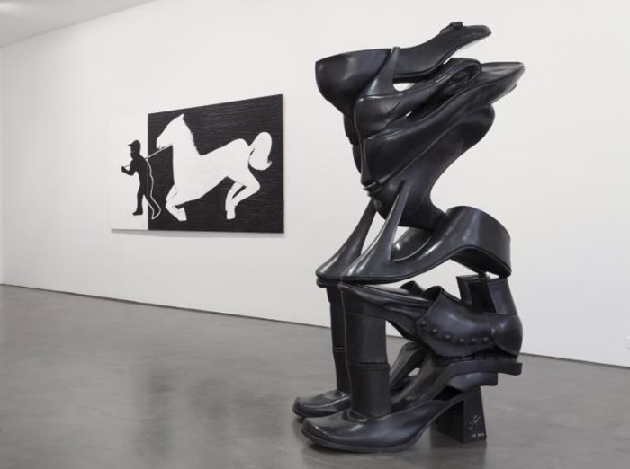 Willie Cole, Sole Sitter, bronze sculpture made with stacked shoes to look like African art, If Wishes Were Horses...exhibit