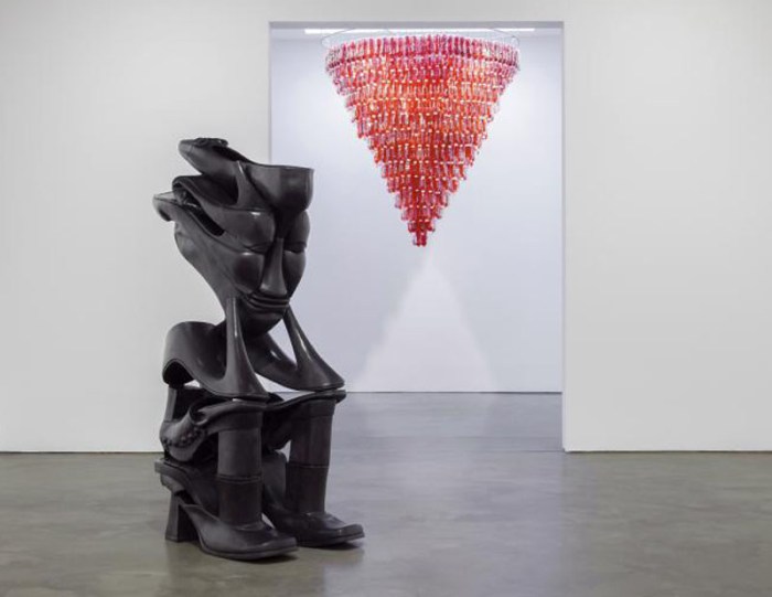 Willie Cole, Sole Sitter, bronze sculpture made with stacked shoes to look like African art, If Wishes Were Horses...exhibit