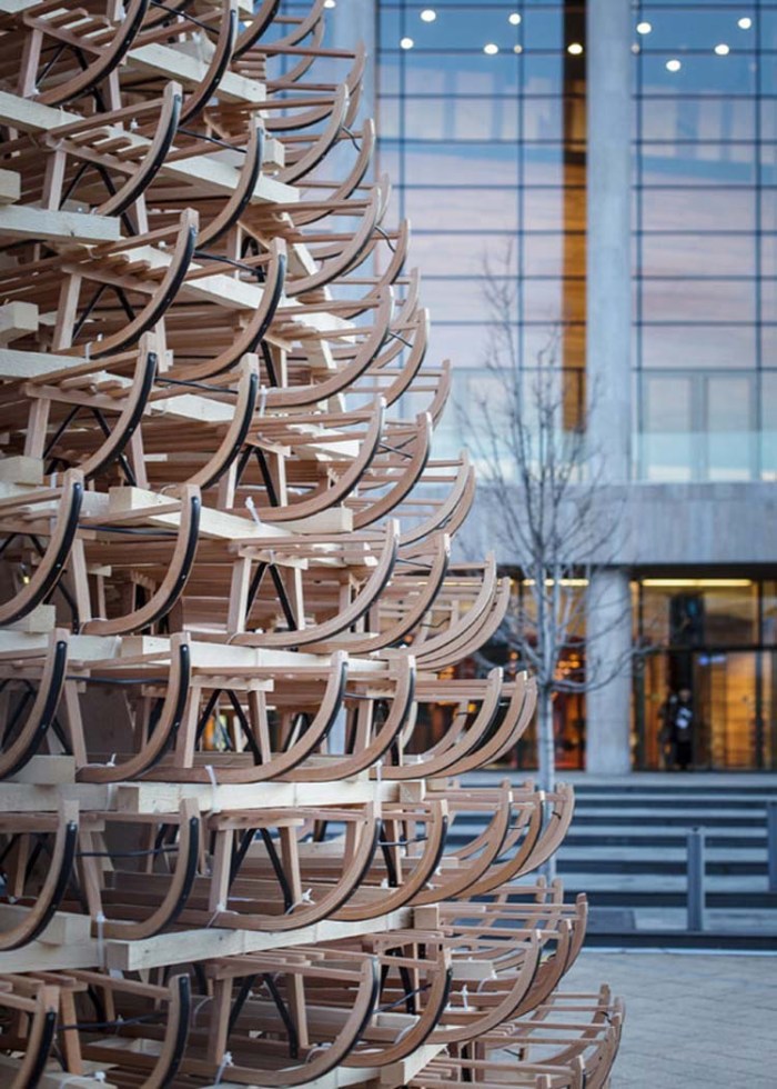 Christmas Tree made with 365 Sleds (sleighs) by Hello Wood in Budapest, Hungary