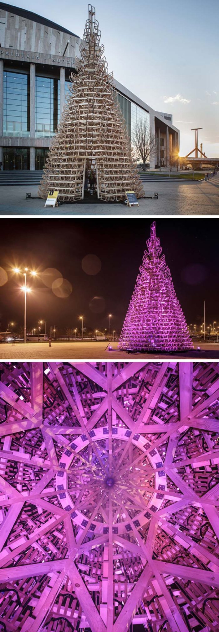 Christmas Tree made with 365 Sleds (sleighs) by Hello Wood in Budapest, Hungary