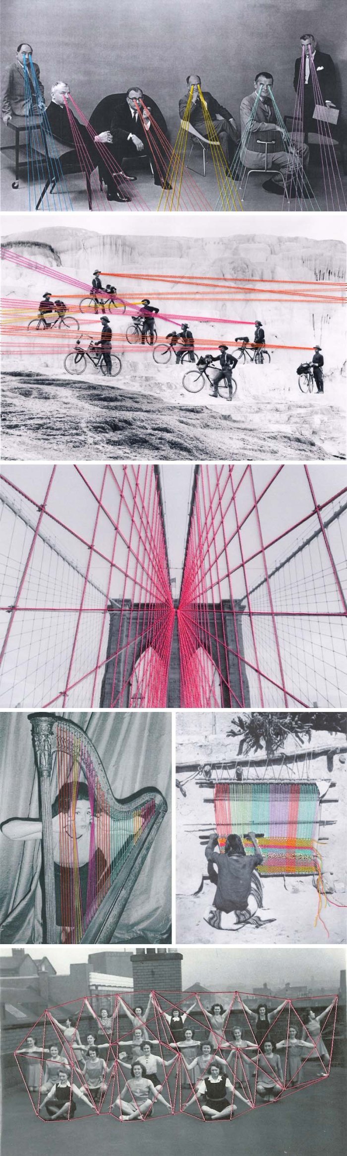 Threaded prints by Mana Morimoto, Fiber Art, Thread through black and white photographs, collage-like, contemporary art