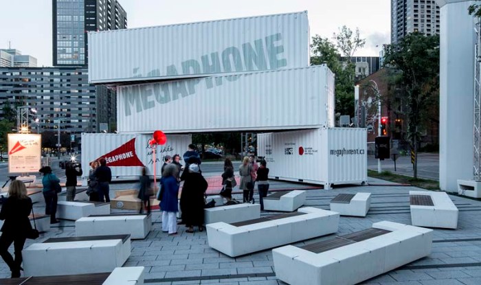interactive led type facade, Montreal, Megaphone by Moment Factory, typography