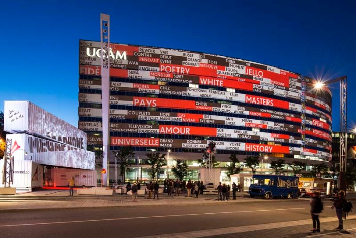 interactive led type facade, Montreal, Megaphone by Moment Factory, typography