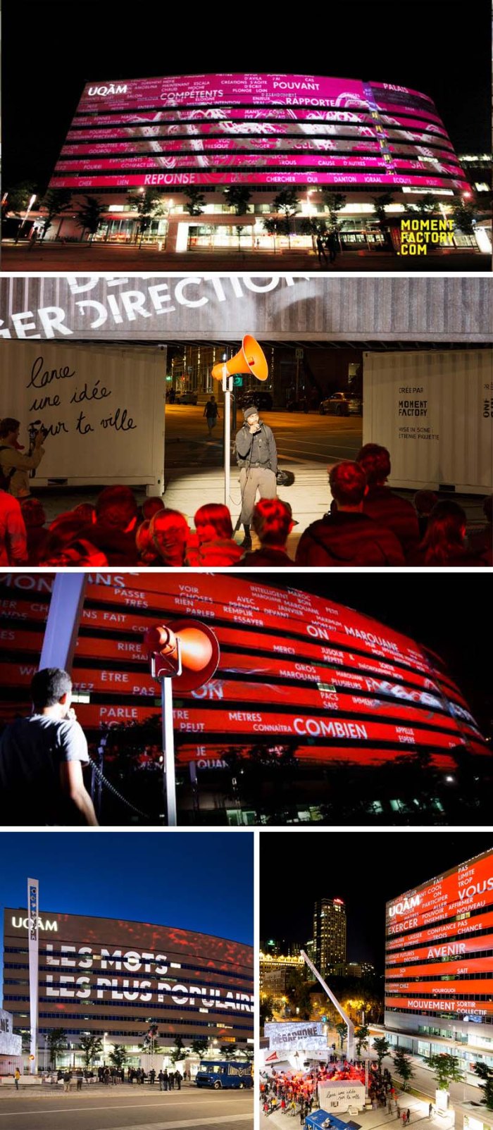 interactive led type facade, Montreal, Megaphone by Moment Factory, typography