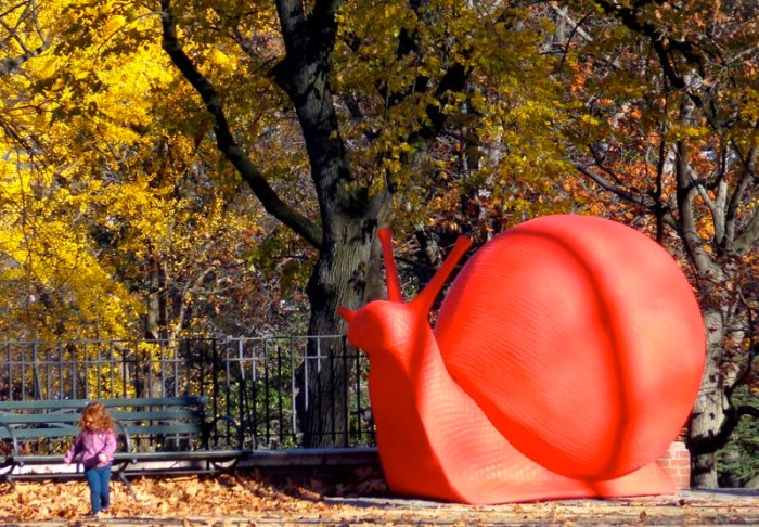 ReGeneration PRoject, The Cracking Art Group, Giant Red Snails, Sculpture at the Rumsey Playfield in Central Park, Columbus Circle, and Eataly. Galleria Ca dOro andbVilla Firenze Foundation as presenting "Eight Giant Red Snails" as part of  the REgeneration Art Project. Red snails will inhabit Central Park from November 9 through December 3, 2013, before moving to Columbus Circle from December 5 to January 6, 2014. 