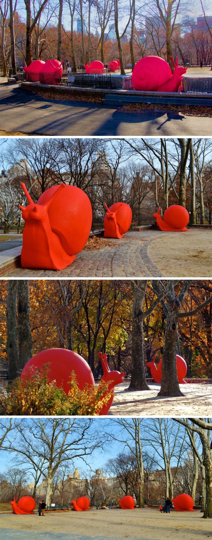 ReGeneration PRoject, The Cracking Art Group, Giant Red Snails, Sculpture at the Rumsey Playfield in Central Park, Columbus Circle, and Eataly. Galleria Ca dOro andbVilla Firenze Foundation as presenting "Eight Giant Red Snails" as part of  the REgeneration Art Project. Red snails will inhabit Central Park from November 9 through December 3, 2013, before moving to Columbus Circle from December 5 to January 6, 2014. 