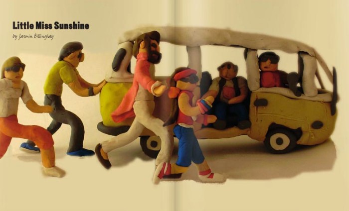 movie scenes made out of plasticine, modelling clay, little miss sunshine
