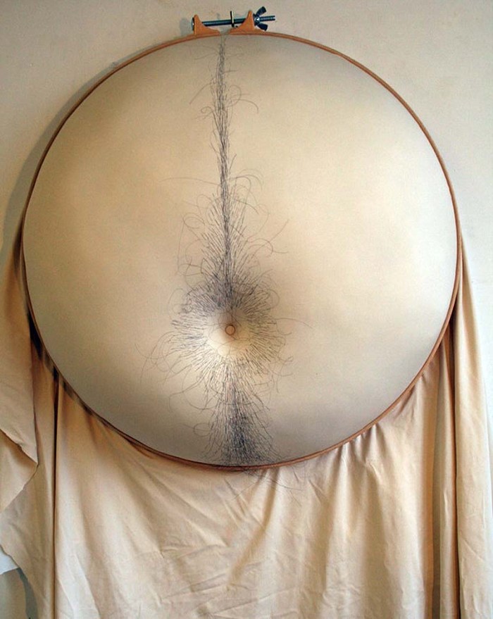 Sally Hewett, Embroidered stomachs, breasts, butts, lips, in quilting hoops, contemporary art, sculpture